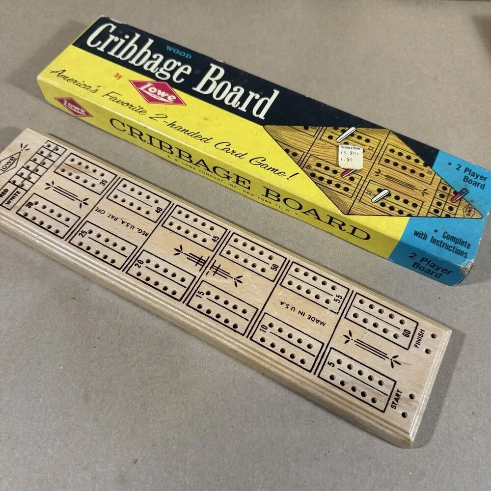 Vintage E.S. Lowe Wood 2-Player Cribbage Board 1503 Pegs Box No Instructions